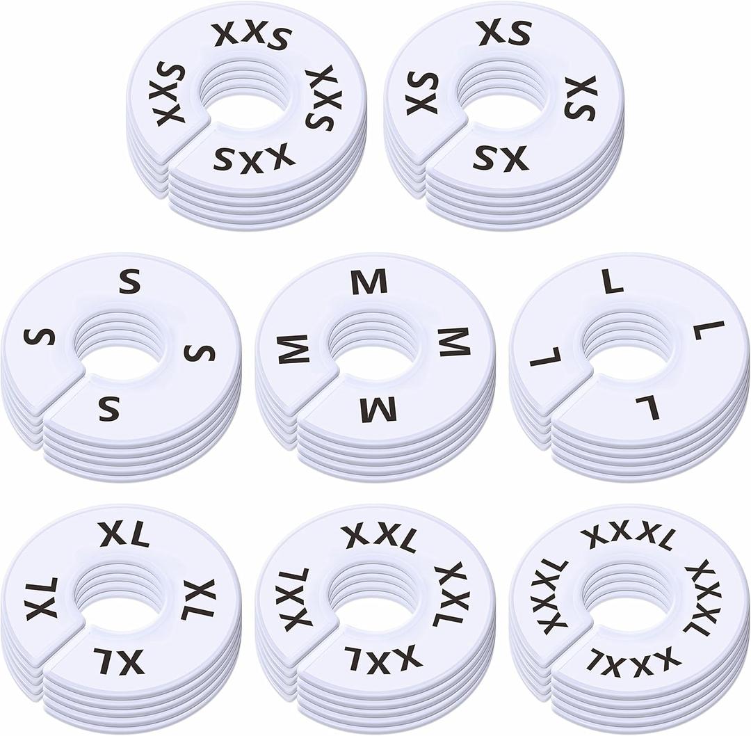 40 Pack Round White Plastic Clothing Size Closet Rack Dividers Hangers, Preprinted in 8 Sizes XXS, XS, S, M, L, XL, XXL, XXXL (Outer 3.5, Inner Diameter 1.38)