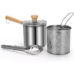 Small Deep Fryer Pot with Basket, Mini Fryer and Soup Pot with Tongs and Lid for 1-2 People, Works on Gas or Induction Burner, Dishwasher Safe, 1.3-Quart