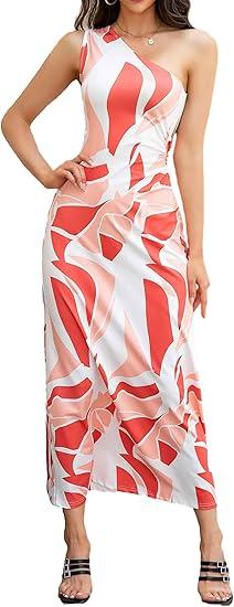 One Shoulder Dress for Women 2025 Summer Print Sleeveless Cut Out Ruched Party Bodycon Maxi Dresses, Small,  Red