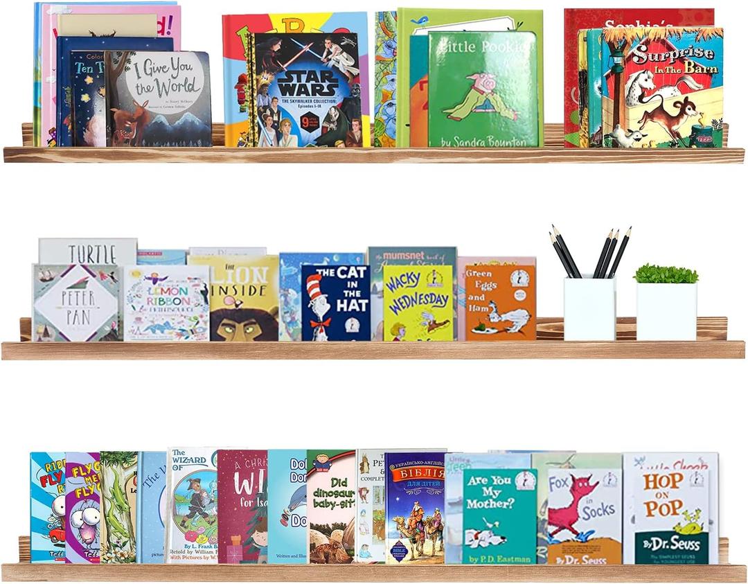 AZSKY Picture Ledge Shelf Floating Shelves for Photo Frames Kids Book Shelves Wall Mounted Burnt Display Shelf Wooden Frame Ledge 48 Inches Set of 3 Bathroom Organizer Shelves