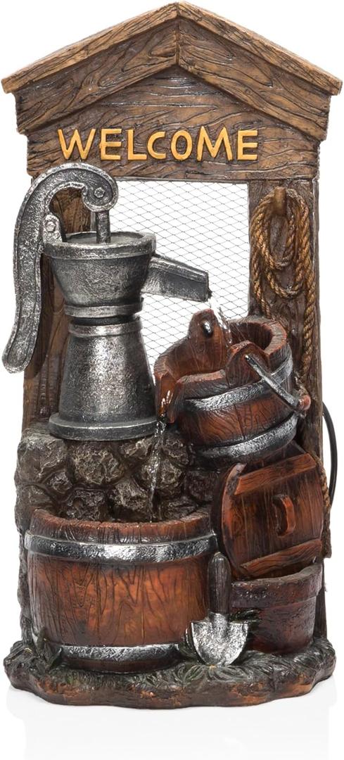Alpine Corporation ZEN576S 24" Indoor/Outdoor Floor Water Pump and Barrel Fountain with Rustic Design  Water Feature for Garden, Patio, and Yard Dcor, Brown