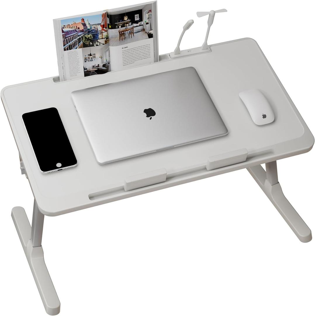 INHABIT UNION Folding Laptop Desk for Bed with Drawer,Folding Lap Desk with Adjustable Heights and Angles for Working Reading Writing,Bed Sofa Couch Laptop Table with USB Light Fan 23.6in (White)