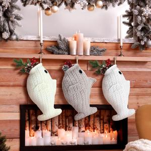 Coume 3 Pcs Cat Christmas Stocking 15.7 in Large Knit Boho Fish Christmas Stocking for Pet Cat Dog Xmas for Fireplace Gift Decor Fish Socking for Holiday Xmas Tree Hanging(Multicolor,Knitting)