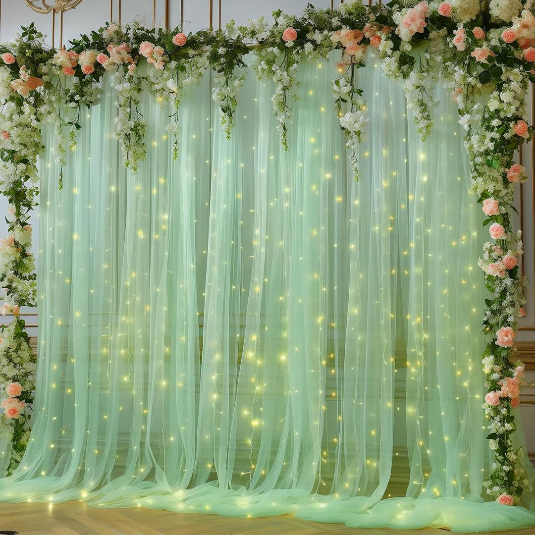 10x10ft Olive Green Tulle Backdrop Curtain with Lights String for Parites, Sheer Photo Backdrop Curtains for Wedding Baby Shower Birthday Party St. Patrick's Day Photo Shoot Background Decorations