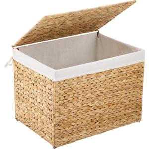 Water Hyacinth Storage Basket with Lid, 31.7 Gallon (120L) Wicker Shelf Basket with Removable Liner, Wicker Storage Basket for Blanket, for Livingroom, Bedroom, Natural