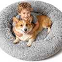 Extra Large Donut Calming Dog Bed with Orthopedic Memory Foam Dogs,42 Inch Pet Bed Cuddler Anti Anxiety with Comfort Cooling Gel, Removable Waterproof Round Plush Cover Sofa for Machine Washable, Grey
