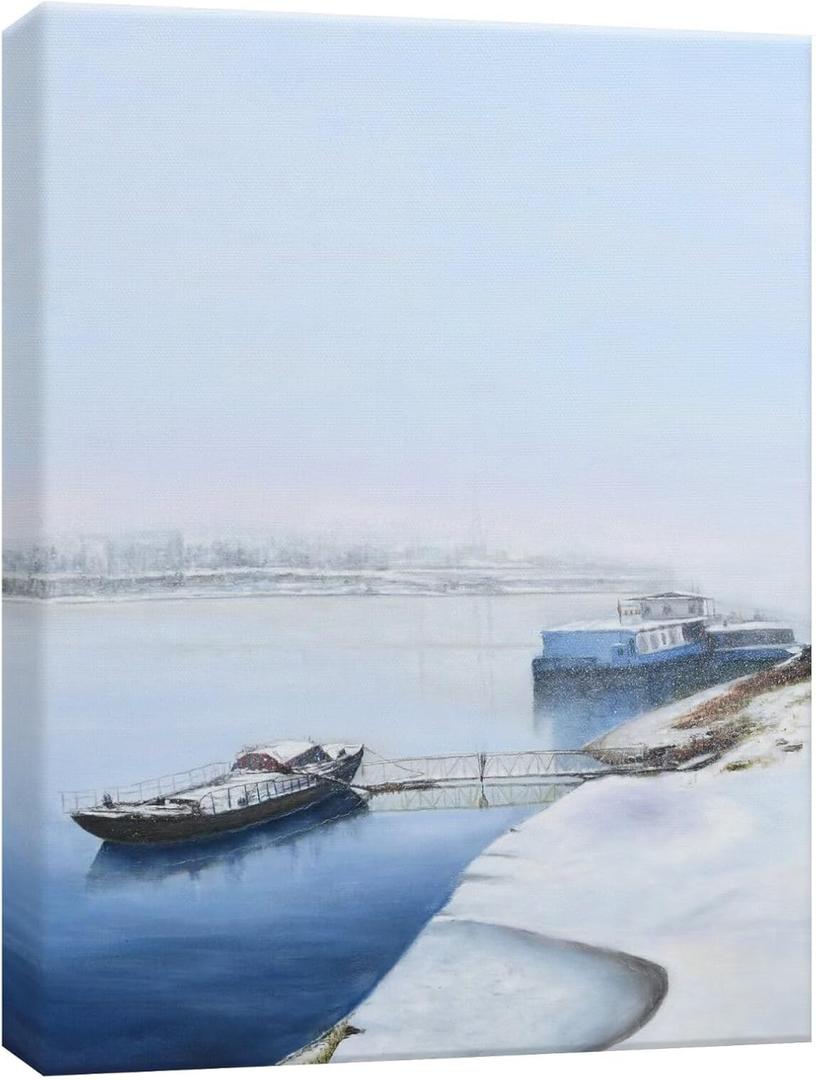 PHOENIX Winter Snowy River Boat Wall Art Decor Framed Canvas Realist Impressionist Calm Wintry Escape Serene Foggy Morning for Living Room Bedroom Office 18X24 Inch