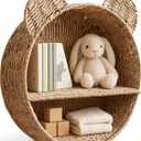 Woven Wall Basket Shelf Bear Nursery Decor  Boho Handwoven Hanging Wall Decor for Kids Room, Paper Rope Stuffed Animal Organizer, Baby Nursery Floating Shelf (Khaki)