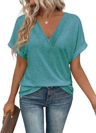 T Shirts Short Sleeve V Neck Tees Womens Tops Beach Vacation Fashion Clothes 2025 Casual Summer Spring Fall Outfits Lake Blue Size L