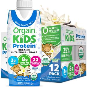 Orgain Organic Kids Nutritional Protein Shake, Vanilla, Healthy Kids Snacks, 8g Dairy Protein, 3g Fiber, 22 Vitamins & Minerals, No Soy ingredients, Gluten Free, Non-GMO, 8.25 Fl Oz (Pack of 12), Best By: Nov 13 2026