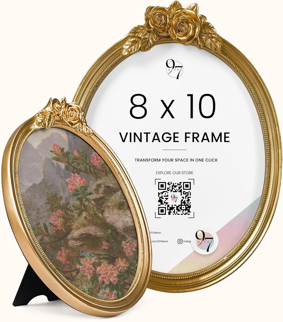 97 Decor Gold Oval Frame 8x10 - Gold Vintage Picture Frames 8x10, Antique Ornate Frames 8 X 10 With Glass Front For Tabletop Photo Display And Wall Hanging, Golden Rose Frame 8 By 10