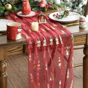 Artoid Mode Red Gold Christmas Tree Gauze Table Runner 120 Inch 10FT, Glitter Metallic Foil Seasonal Sheer Dining Holiday Table Decor for Home Party (28" x 120")