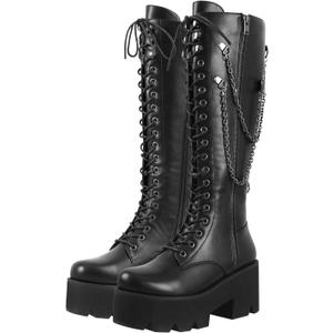 LISHAN Women's Platform Boots Motorcycle Punk Combat Gothic Lace Up Zipper Knee High Black Boots (12)