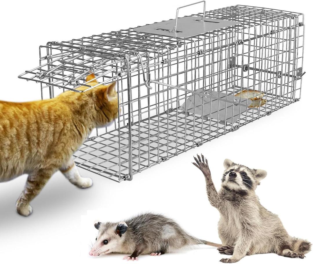 KOCASO Live Animal Cage Trap, Collapsible Humane Live Animal Cage Trap, Galvanized Steel Humane Live Trap Cage for Rabbit,Stray Cat, Groundhog, Raccoon,Squirrel,Chipmunk,Mole,Skunk,Gopher,24"x8"x8"