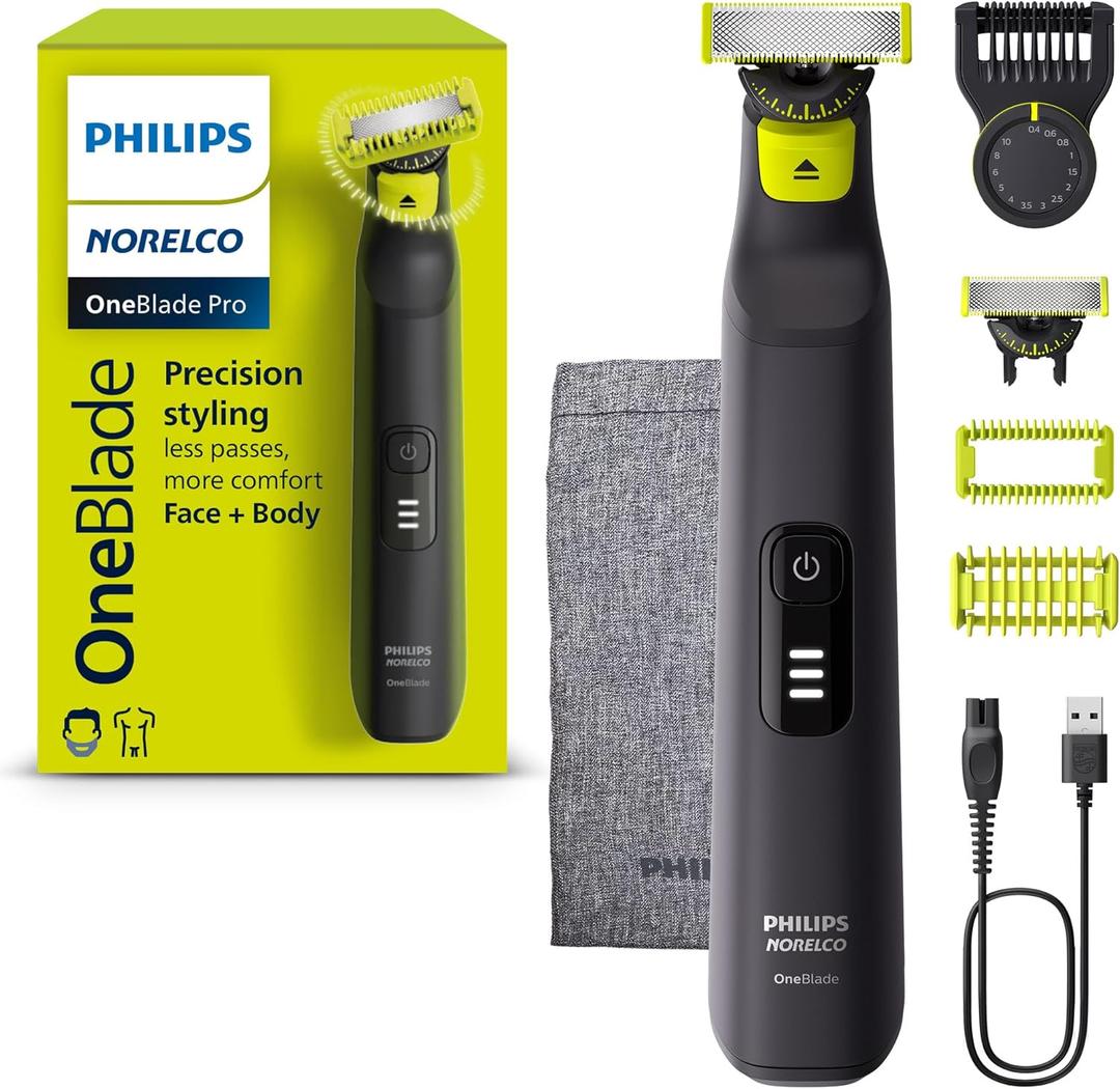 Norelco Philips OneBlade Pro 360 Face + Body, Electric Shaver, Beard Trimmer and Body Groomer, with 360 Blade Technology, 14-Length Precision Comb, Body Kit, Soft Pouch, Model QP6542/70 (Black/Lime Green)
