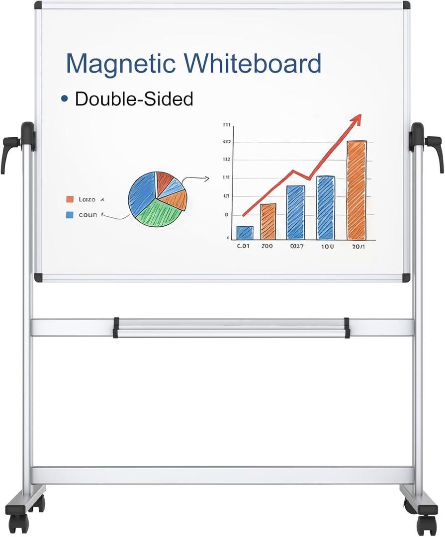 VIZ-PRO Double-Sided Magnetic Mobile Whiteboard, 48 x 36 Inches, Aluminium Frame and Stand