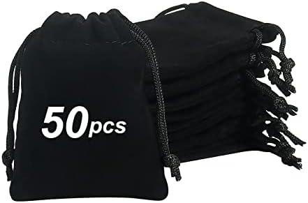 Shintop 50pcs Little velvet Jewelry bags, 3x4inch Black Drawstring Gift pouches Coin Purse for Dice Small Business Party Favor