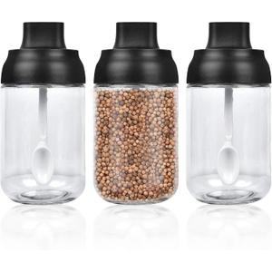 Supkiir Spice Containers Glass, 3Pcs Kitchen Glass Condiment Containers with Lids 8 oz Spice Jars, Small Spoons for Spice Jars Moisture-Proof Seasonings Container Set for Storage Spices
