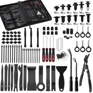 YYAYYA 330pcs Car Trim Removal Tool Set - Auto Upholstery Pry Kit with Clip Pliers, 120 Retainer Clips, Stereo Keys, Hooks. POM Plastic Dashboard Door Panel Fastener Remover (330Pcs-BLACK)