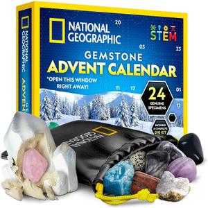 NATIONAL GEOGRAPHIC Gemstone Advent Calendar - 2025 Christmas Countdown Calendar for Kids with 24 Gems to Open Each Day, Complete Rock Collection with Mini Gemstone Dig Kit
