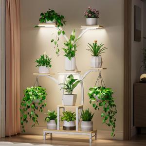 Plant Stand Indoor with Grow Lights - 7 Tiered Metal Corner Shelf for Multiple Plants, 62" Corner Plant Stand for Indoor Plants, Tree-Shaped Plant Rack for Home, Living Room, Office & Patio Decor (White)
