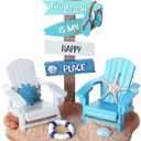 Wonderjune Beach Chair Resin Figurine 7x7 Inch Nautical Summer Decor with Adirondack Chairs and Sign Blue Beach House Tabletop Decoration for End Table Mantle or Housewarming Gift(Coastal)