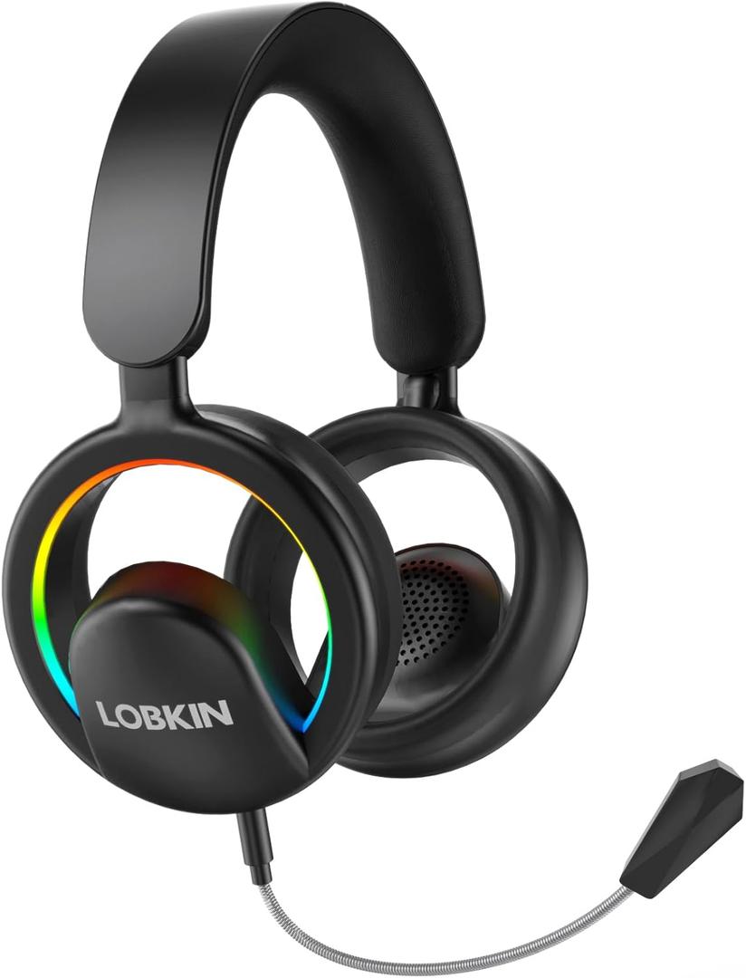 LOBKIN Open Ear Headphones, Bluetooth 6.0 Wireless Headset with Mic Detachable, Adjustable RGB Lights, Voice Assistant Comfortable Breathable Safe Lightweight Over Ear Headphones for Working Gaming (Black)