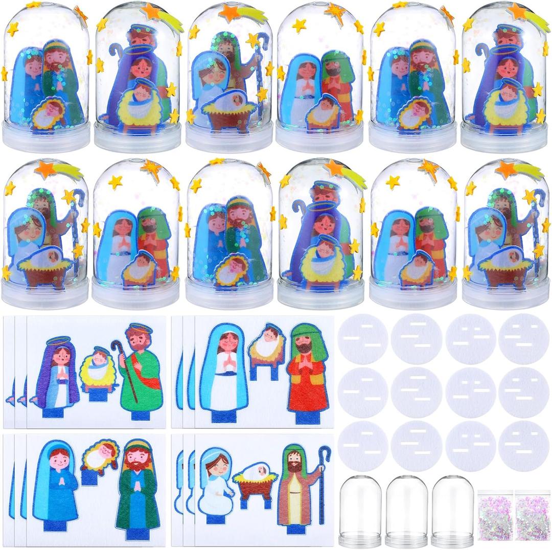 Shappy 12 Sets Christmas Nativity Snow Globe Craft Kits DIY Make Your Own Plastic Glitter Snow Globe Kit for Xmas Gifts Religious Sunday School Home Activities
