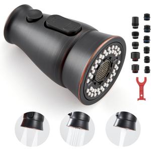 Kitchen Sink Faucet Spray Head Replacement with 15 Adapters, Pull Down Kitchen Faucet Replacement Head, 3 Function Pull Out Kitchen Faucet Spray Nozzle, Oil Rubbed Bronze