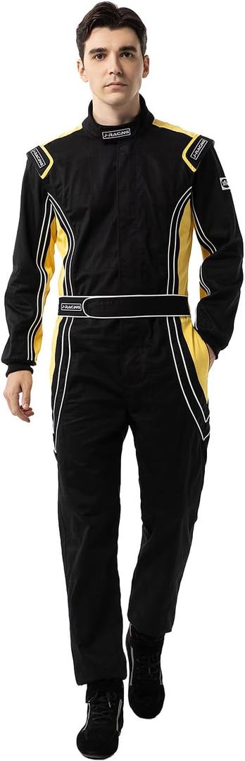 J-RACING Racing Suit Karting Suit/Race/Rally Go Kart Auto Racing Fire SFI 3.2A/1 Black Yellow (Black, XL)