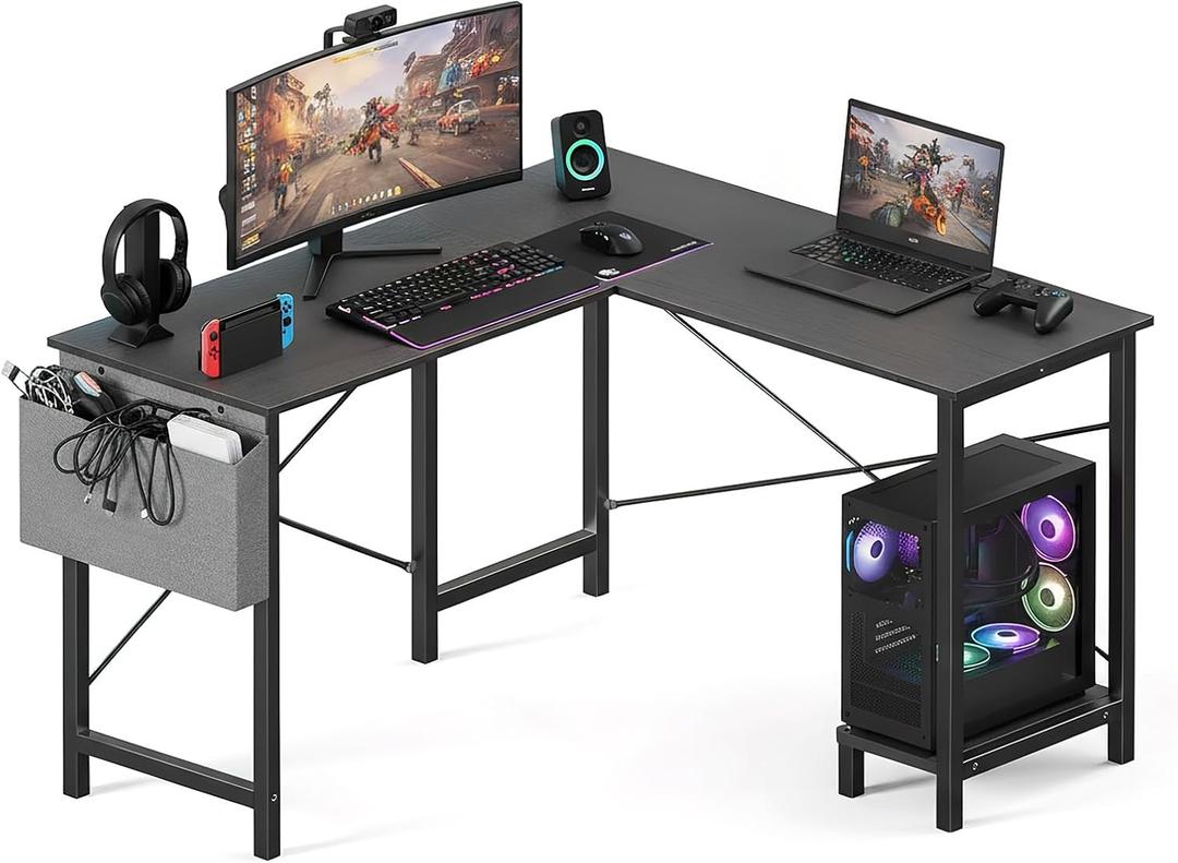 OLIXIS L Shaped Desk, 50-Inch Office Computer Gaming Desks Corner PC Table with Side Bag and Reversible Shelf for Home Work Study Writing Black