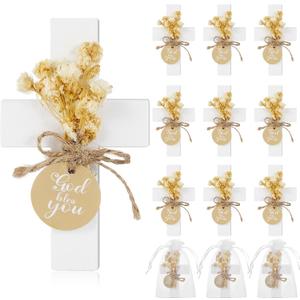 Flutesan 12 Sets Baptism Favors for Guests First Communion Wooden Cross Fridge Magnets with Flower and Bag, Christian Souvenirs Gift for Party Decoration, Baby Shower, Kitchen Decor (Classic,White)