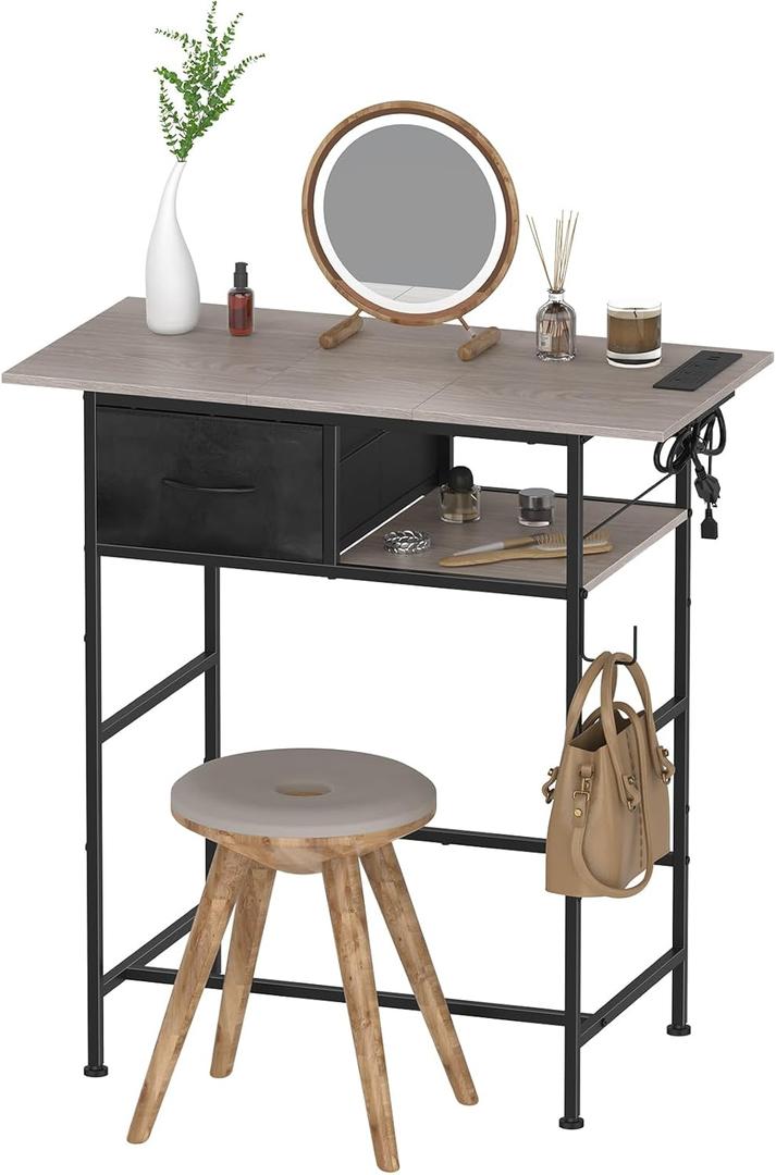 DAMEING Vanity Desk Without Mirror, Makeup Vanity Table with Fabric Drawers and Hook, Simple Home Office Computer Desk with Power Outlet, Compact Makeup Desk for Girls Bedroom and Small Space, Brown