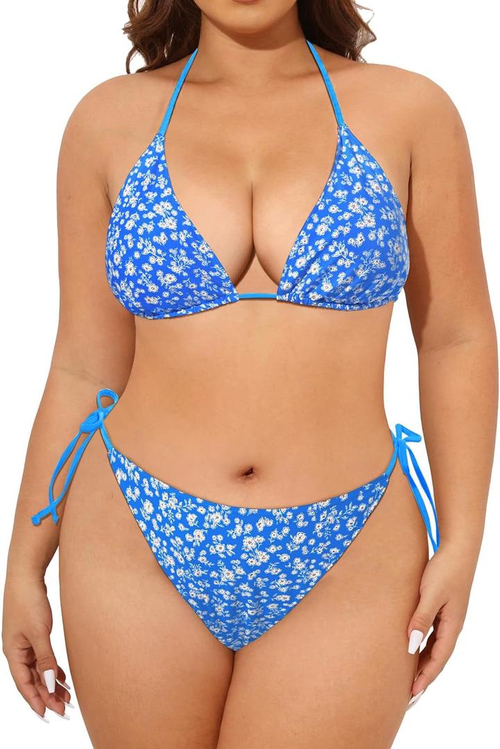 Tempt Me Women Plus Size Triangle Bikini String Two Piece Halter Tie Side Swimsuit (Blue Floral) 20 Plus