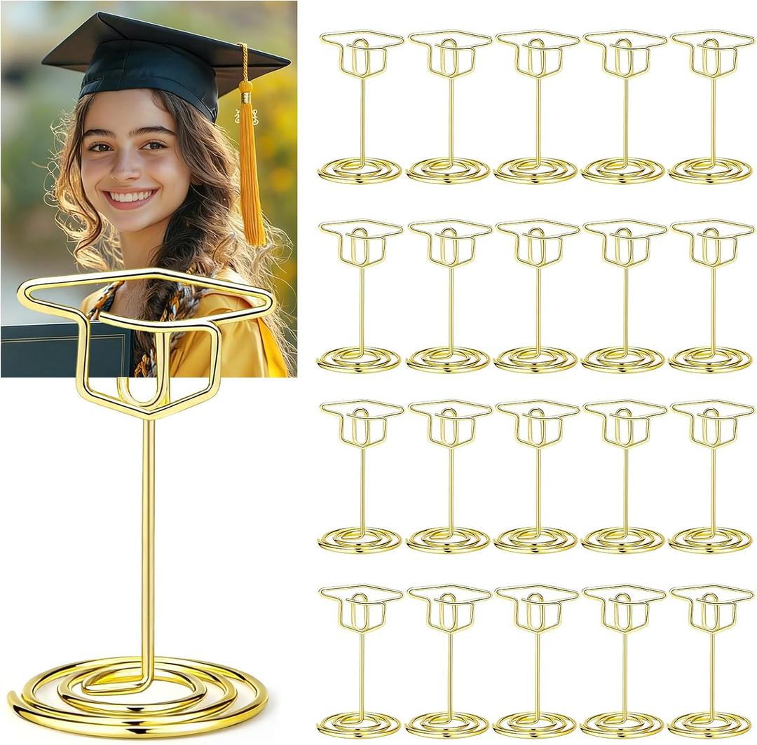 Jansun 24 Pcs Graduation Picture Holders, Class of 2026 Gold Photo Table Number Holders Grad Cap Card Stands for Graduation Party