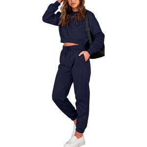 BTFBM Women 2 Piece Outfits Long Sleeve Crop Top Pullover Drawstring Pant Jogger Set Casual Sweatsuits Tracksuit Pockets (Medium, Navy)