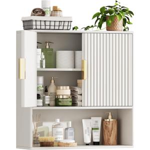 Bathroom Wall Storage Cabinet, Over the Toilet Storage Cabinet with Fluted Doors & Adjustable Shelf, Wood Medicine Cabinet Wall Mounted for Bathroom, Laundry Room & Kitchen, Natural Oak