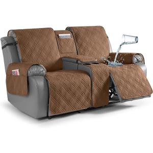 TAOCOCO Loveseat Recliner Cover with Center Console, 100% Waterproof Pet Covers for Dual Recliner with Straps Design, Split Reclining Loveseat Cover Furniture Pet&Kids Protector (2 Seater, Brown)