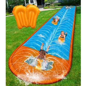 Spring Water Slip and Water Slide, 32ft *2 Lanes Slip Water Slides for Kids Backyards Ages 5-8 8-12 with Sprinkler and Inflatable Bodyboards, Summer Water Fun Toy for Outdoor Lawn Games Play, 32ft-Double Lane