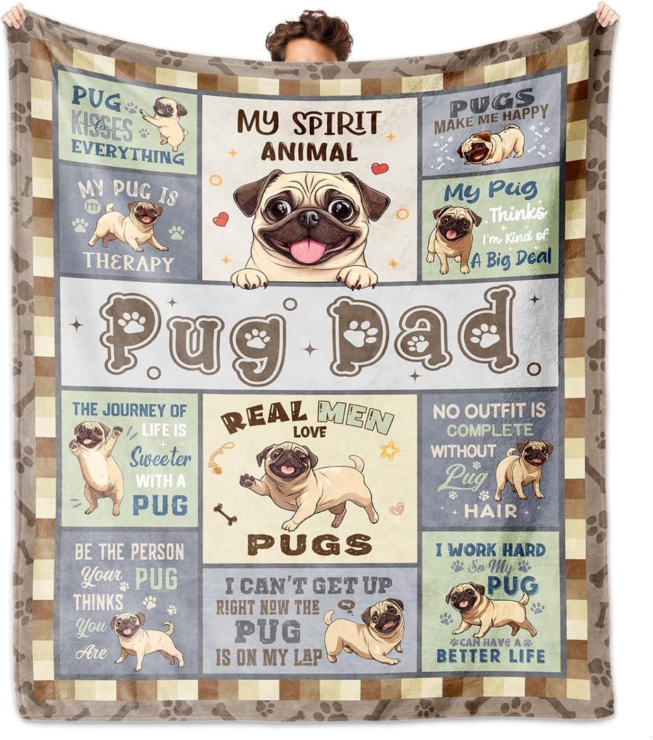 Pug Gifts for Men, Pug Blankets 60''x50'', Pugs Gifts for Lovers Dad, Puppy Gifts for Boy, Gifts for Pugs Dog Owners Lovers Man Decorations Throw Blanket for Christmas Fathers Day Birthday