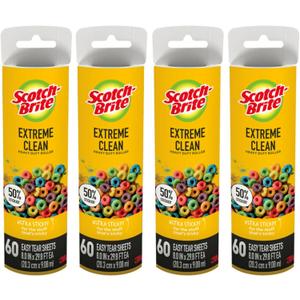 ScotchBrite Extreme Clean Large Lint Roller Refills, 50% Stickier*, Heavy Duty for Removing Debris and Pet Hair on Clothes, Furniture, Cars, Offices & More, 4 Pack, 240 Adhesive Sheets Total
