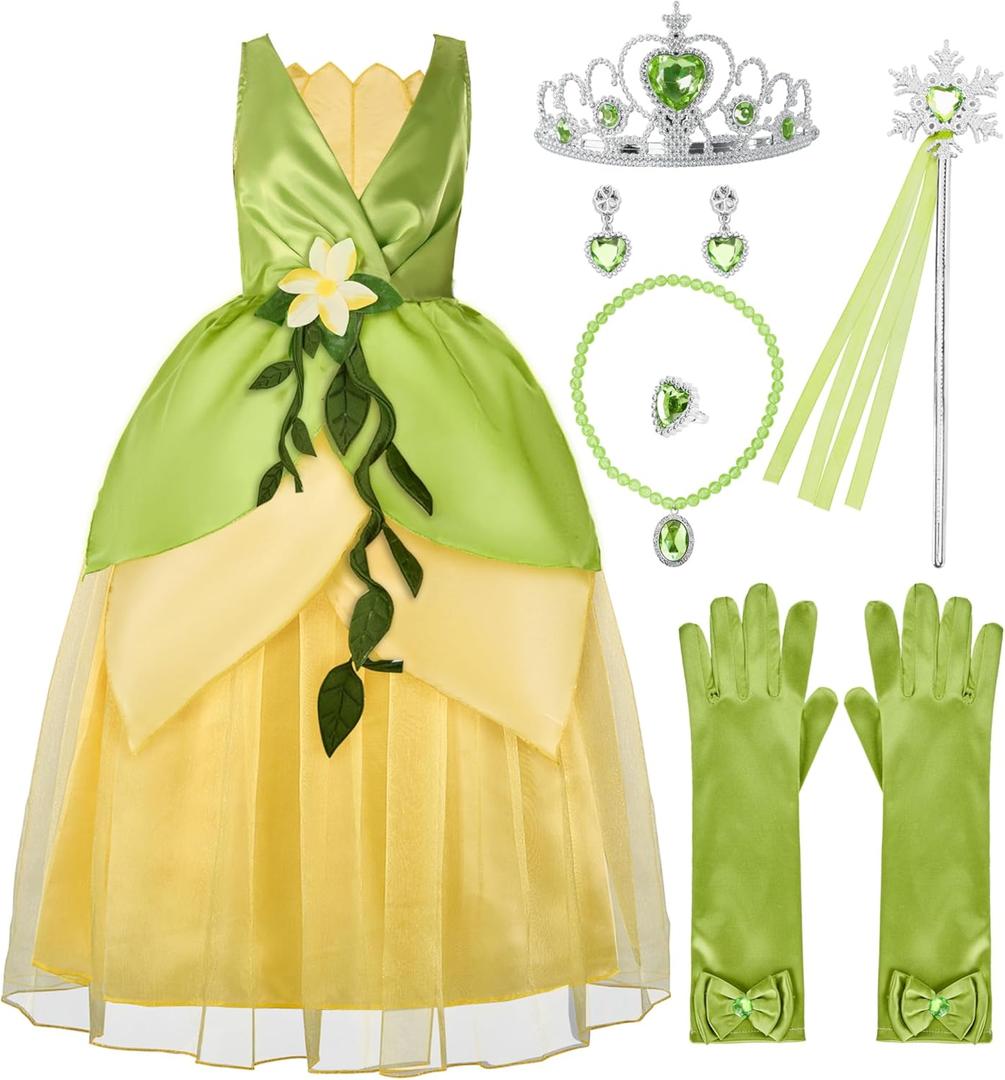 Spooktacular Creations Halloween Girls Frog Princess Dress, Green Fairy Costume for Kids, Fancy Gown Dress with Accessories for ​Toddler Themed Birthday, Dress-Up, Cosplay Party (Small, 5-7 yrs)