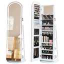 Arched Swivel Jewelry Cosmetics Armoire Cabinet Standing with Full Length Mirror, Lockable Jewelry Organizers Storage with 3 Color LED Lights & Interior Vanity Mirror Rear Storage Shelves White