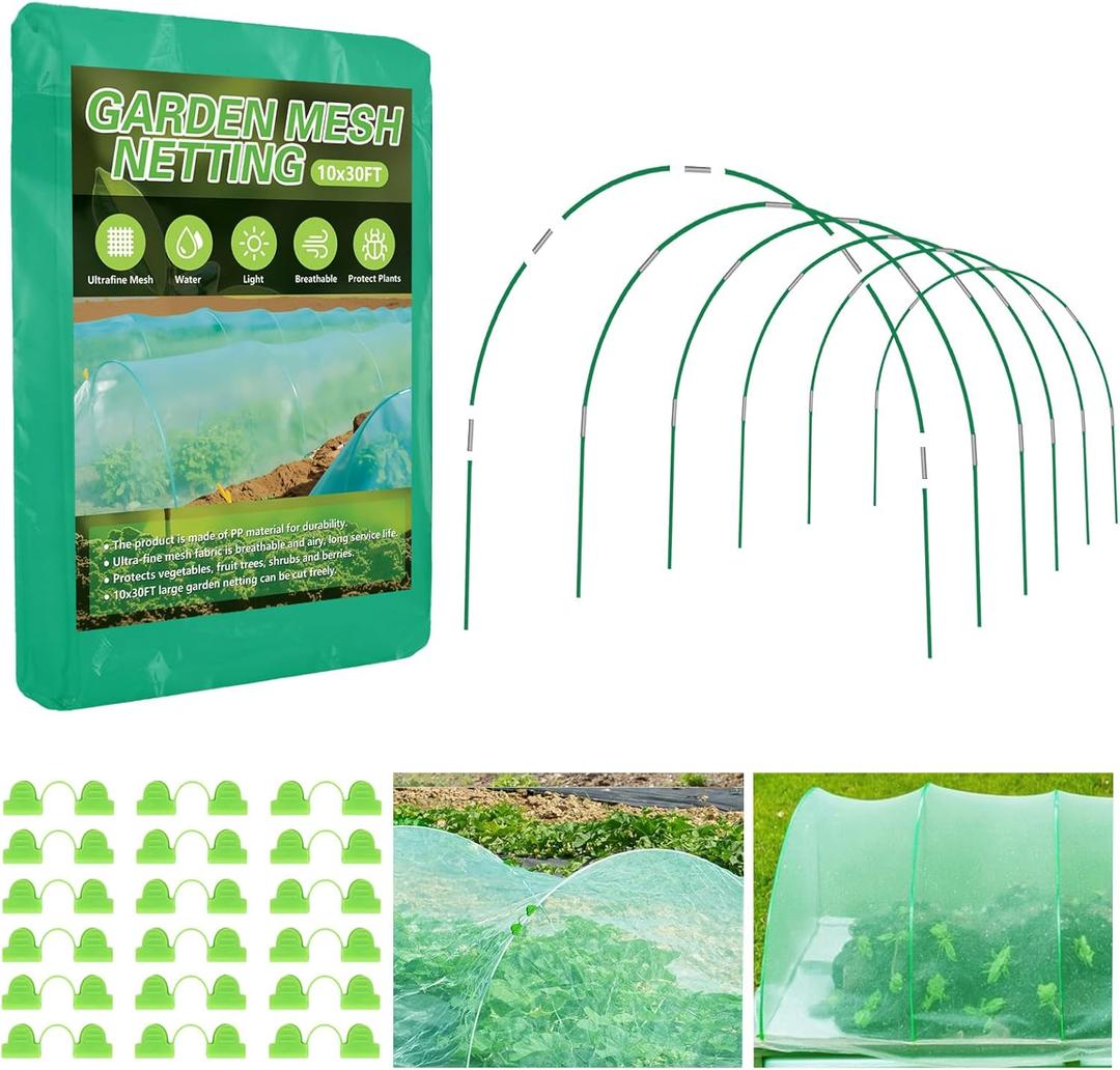 Garden Mesh Netting Kit, 10x30FT Green Ultra Fine Mesh Netting 6 Sets of 8FT Fiberglass Garden Hoops for Raised Beds, Insect Netting Row Cover Net Protect Plants Vegetable Fruits Flowers