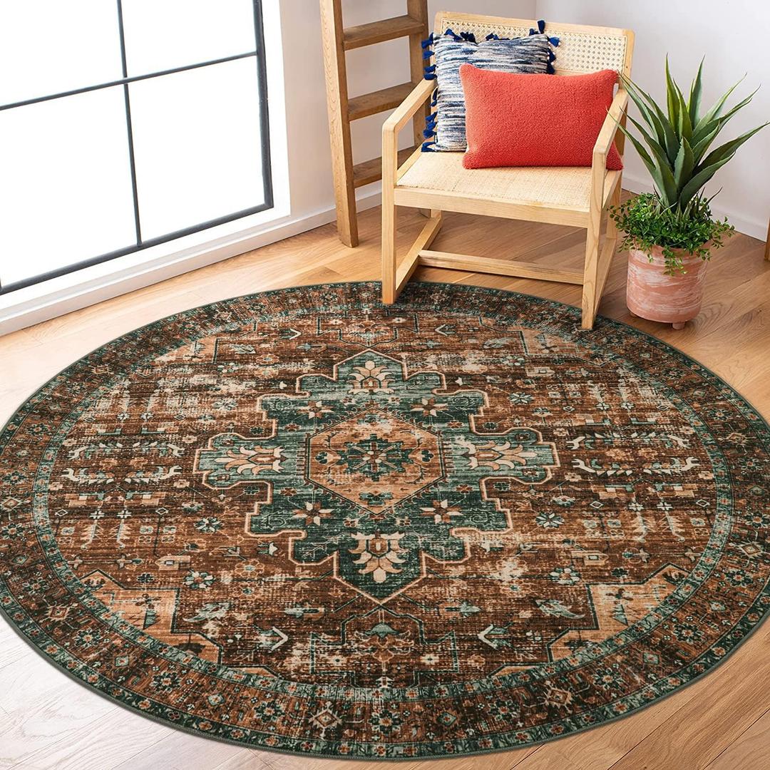 Moynesa Ultra-Thin Washable Round Rug - 5ft Entryway Round Rug Vintage Kitchen Mat, Non-Slip Non-Shedding Stain Resistant Bedroom Carpet for Indoor Living Dining Room Coffee Table Nursery (Brick Red)