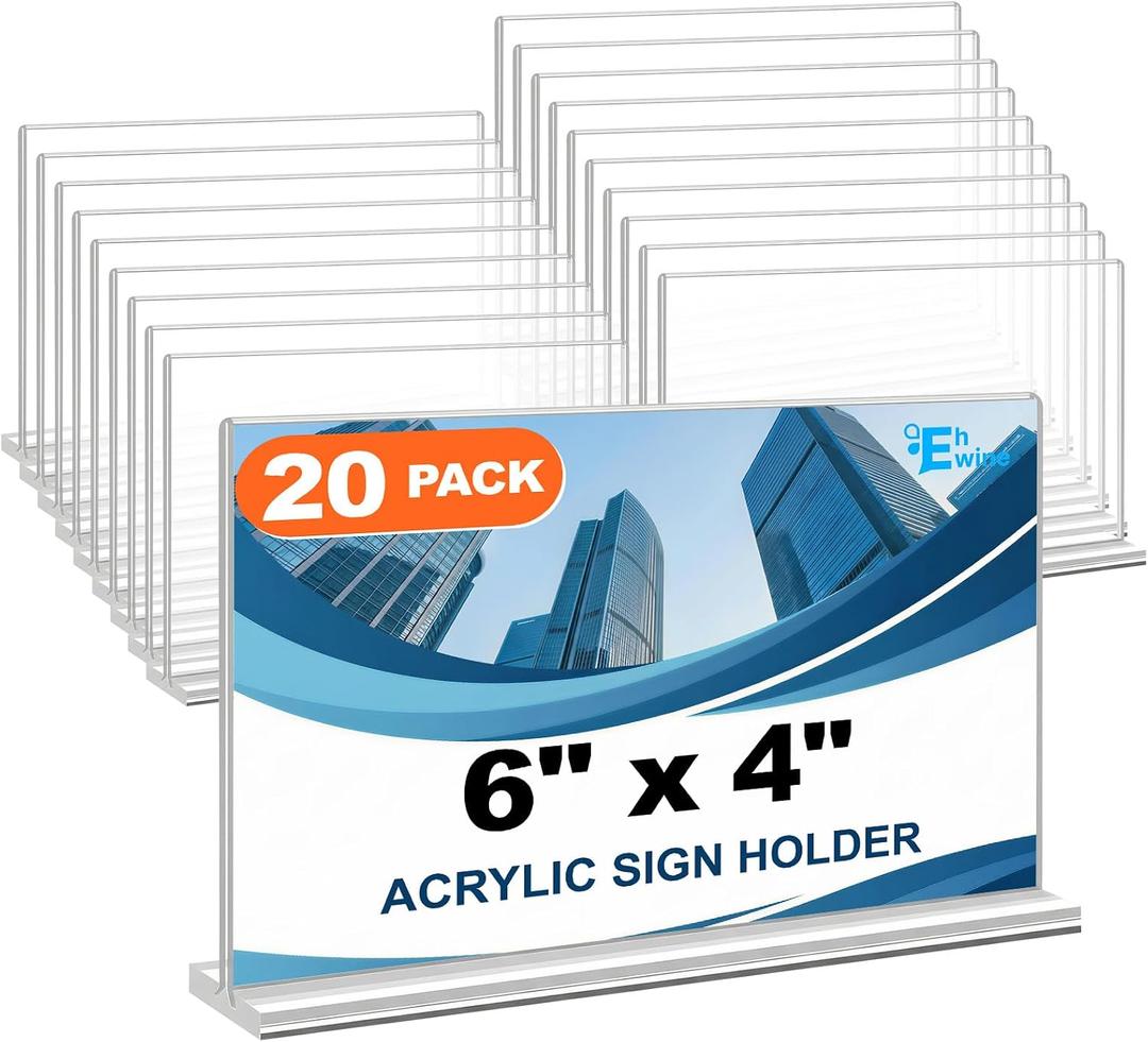 EHWINE Acrylic Sign Holder 4 x 6 Horizontal, 20 Pack Double-Sided Stand up Table Top Sign Holders, Clear Acrylic Picture Frame Menu Flyer Paper Holder Display Stand for Cashier Counter Restaurant Office Wedding Party