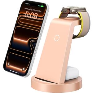 Anlmz 3 in 1 Charging Station for iPhone, Wireless Charger for iPhone 17 16e 16 15 14 13 12 11 X Pro Max & Apple Watch - Charging Stand Dock for AirPods (Rose)