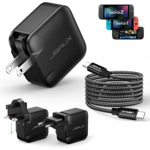 JSAUX 65W USB C Charger for Nintendo Switch 2, Powers in TV Mode, with EU/UK Plugs & 6.6FT Cable, GaN PD Fast Charging for Steam Deck, ROG Ally, Galaxy, Pixel, iPhone 15/16, Tablet & Laptop  Black