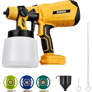 IRONFIST Cordless Paint Sprayer, for DEWALT 20V Battery Brushless HVLP Electric Paint Gun with 1000ML Container, 3 Patterns, 4 Size Nozzles (Battery NOT Included) Yellow