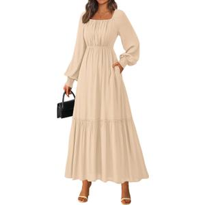 KIRUNDO Casual Fall Dresses for Women 2026 Flowy Long Sleeve Maxi Dress Smocked Empire Waist Square Neck Wedding Party (Yellow, XL)